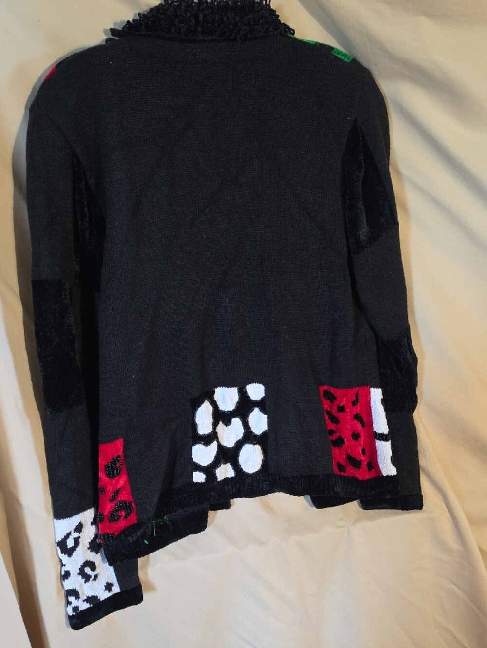 Vintage Berek Black Multi Patchwork Animal-Print Teddy Collar Sweater Jacket - Picture 7 of 11